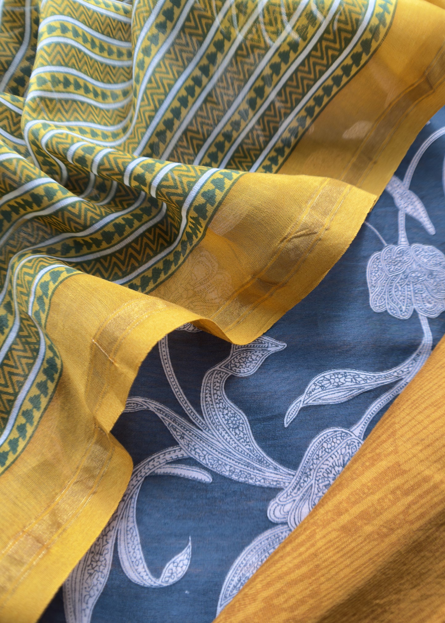 Charcoal Grey And Gold Yellow Pure Maheshwari Silk Suit