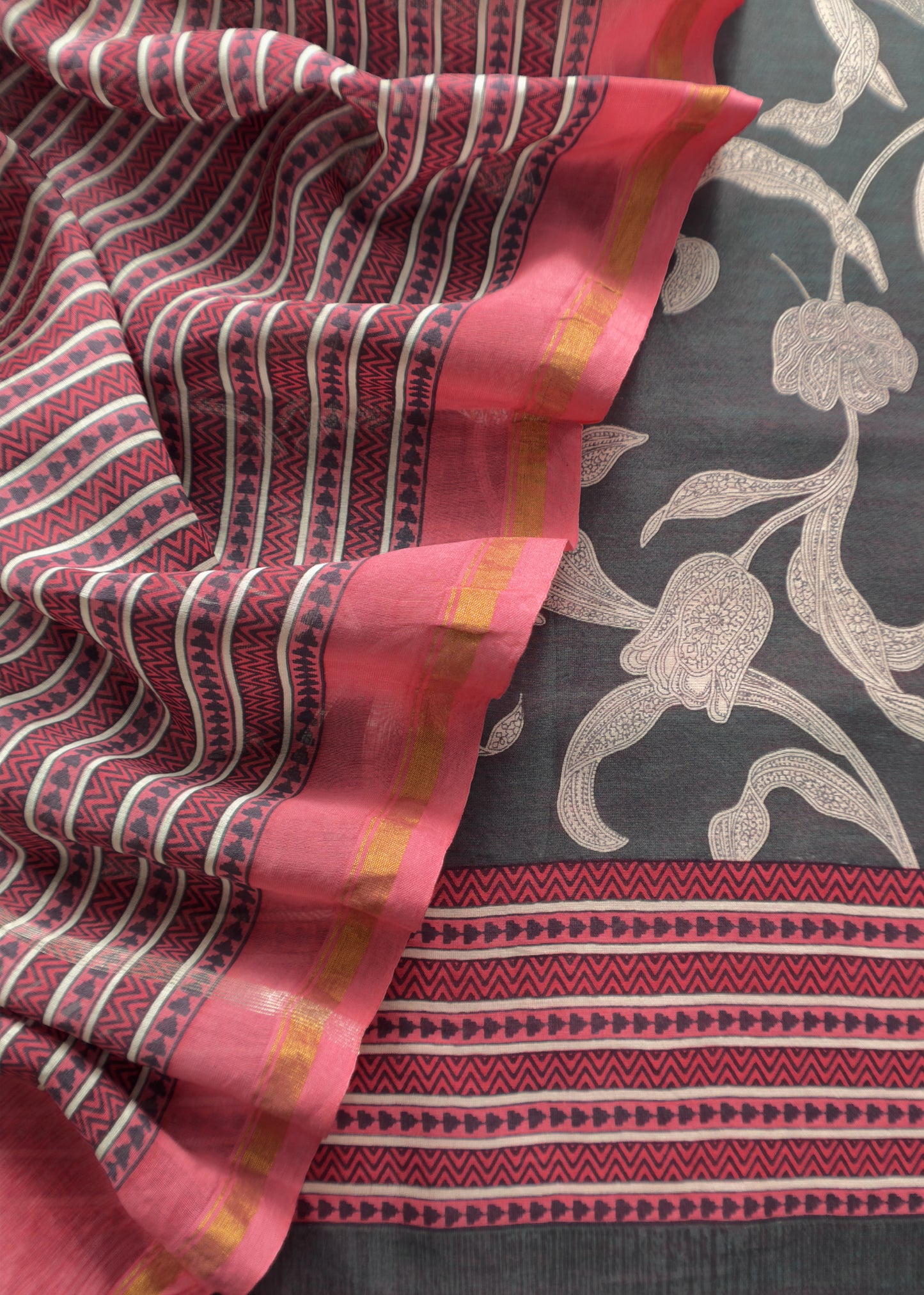 Charcoal Grey And Coral Red Pure Maheshwari Silk Suit