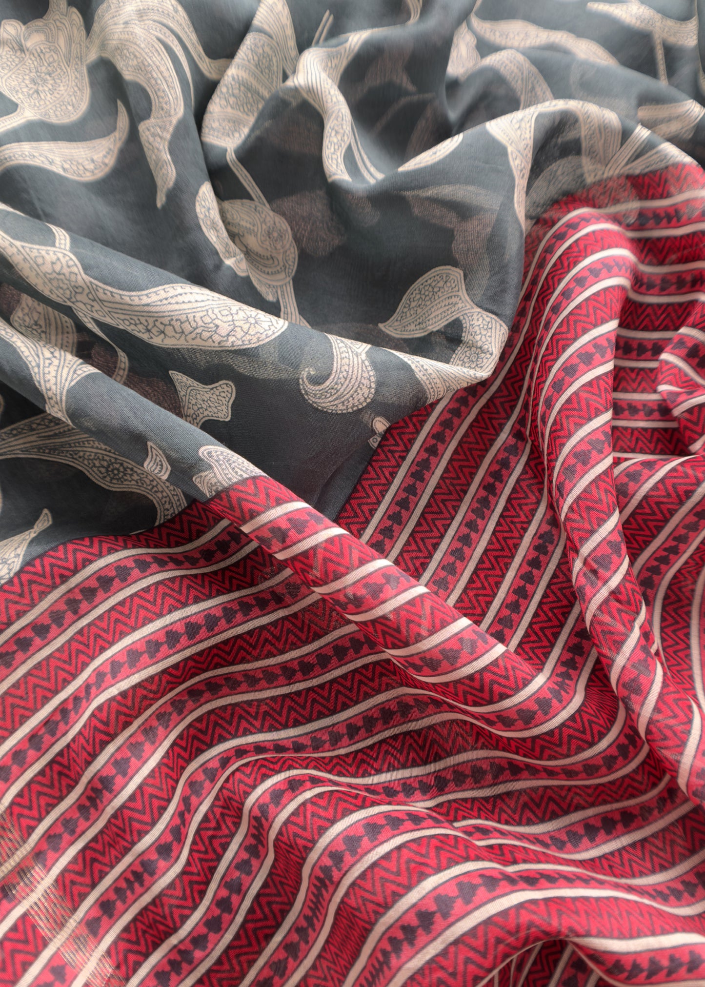 Charcoal Grey And Coral Red Pure Maheshwari Silk Suit