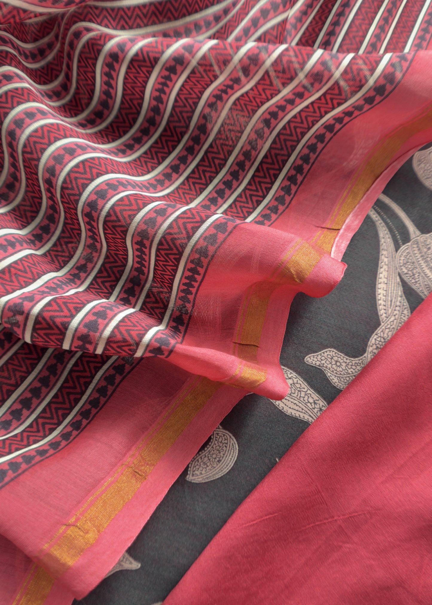 Charcoal Grey And Coral Red Pure Maheshwari Silk Suit