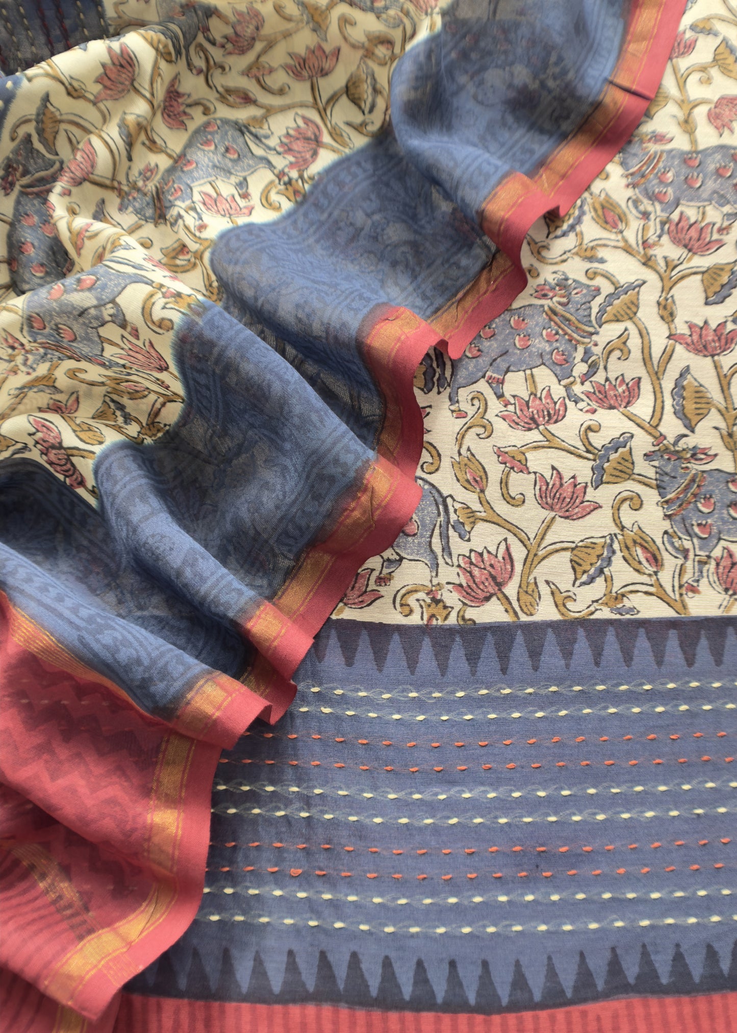 Off White With Maroon Handloom Maheshwari Silk Suit With Pichwai Print And Kantha Work