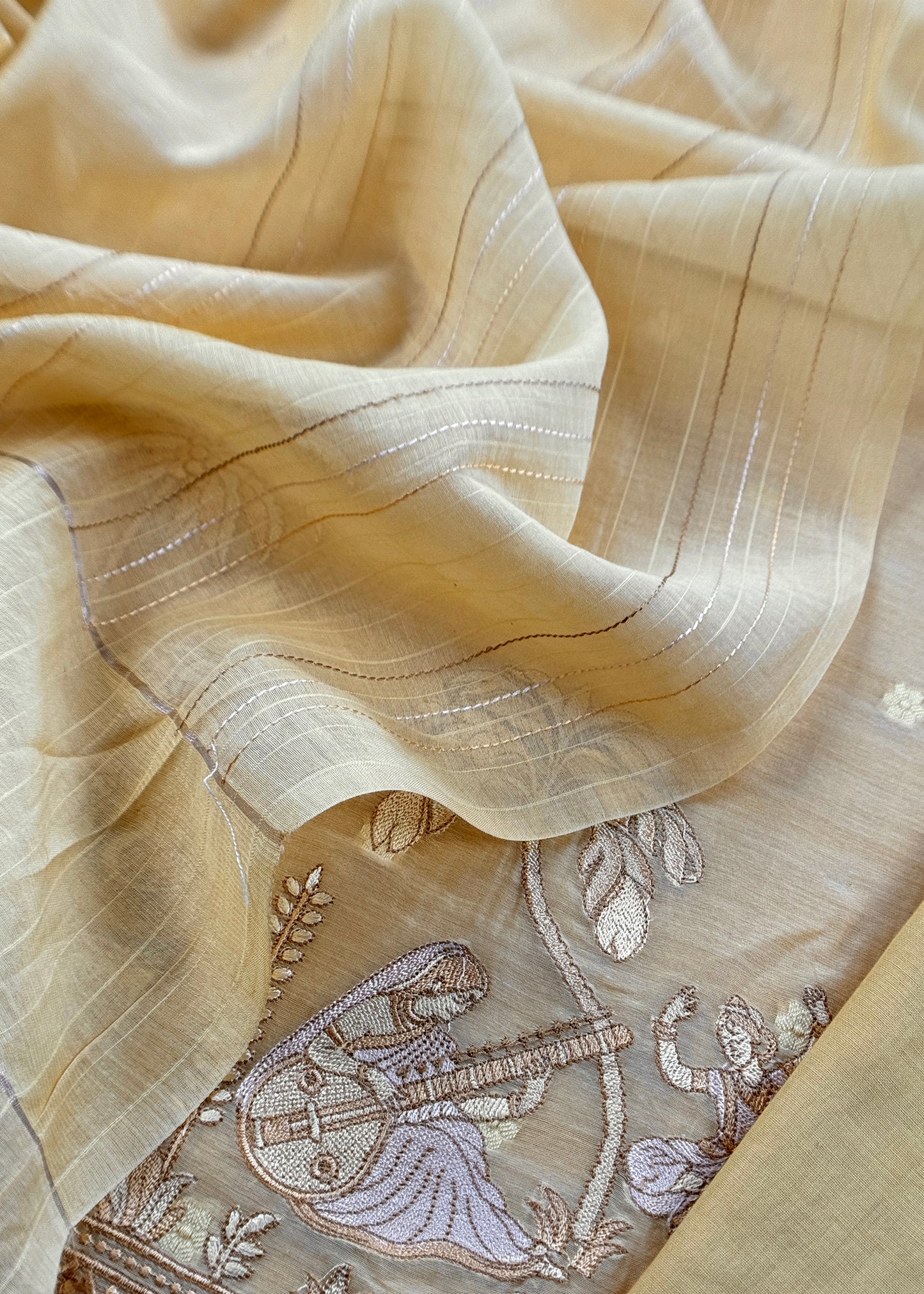 Pastel Yellow Monotone Pure Mulmul Suit Fabric With Nrityam Appliqué Work