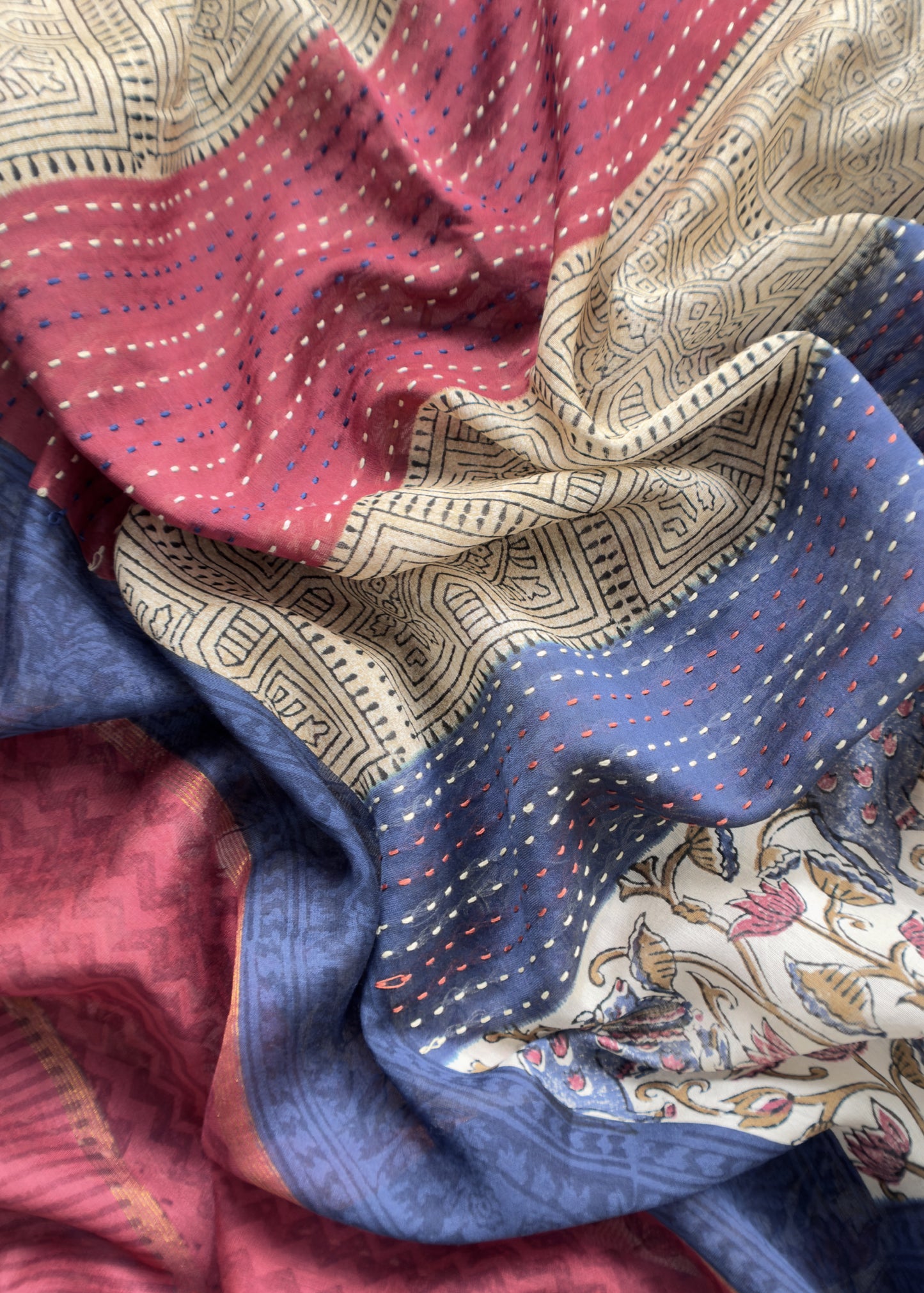 Off White With Maroon Handloom Maheshwari Silk Suit With Pichwai Print And Kantha Work