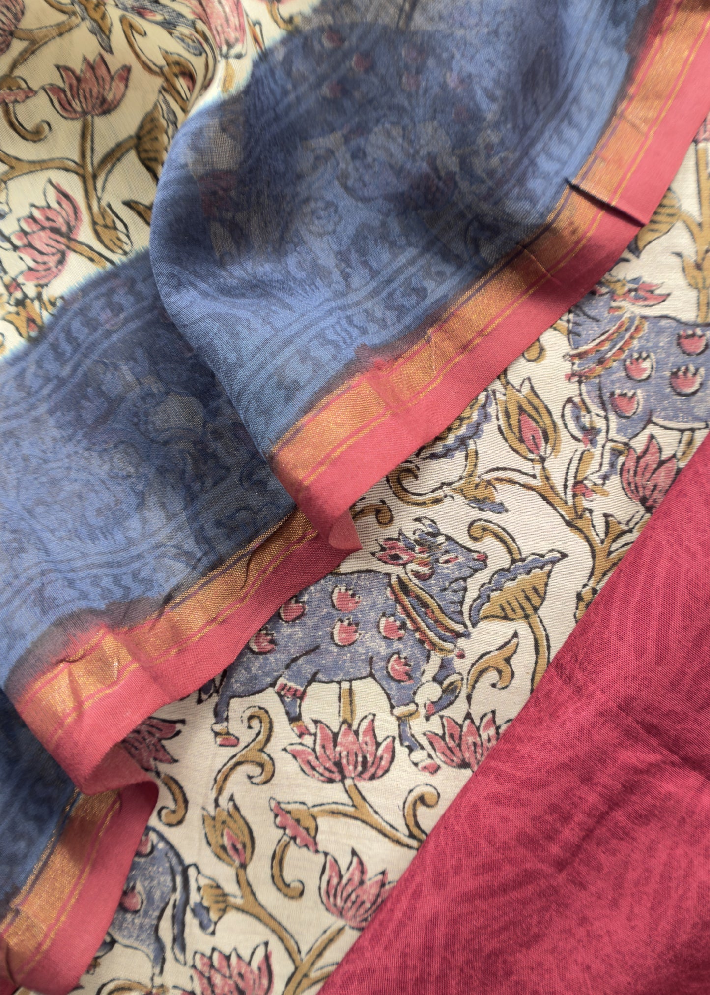 Off White With Maroon Handloom Maheshwari Silk Suit With Pichwai Print And Kantha Work