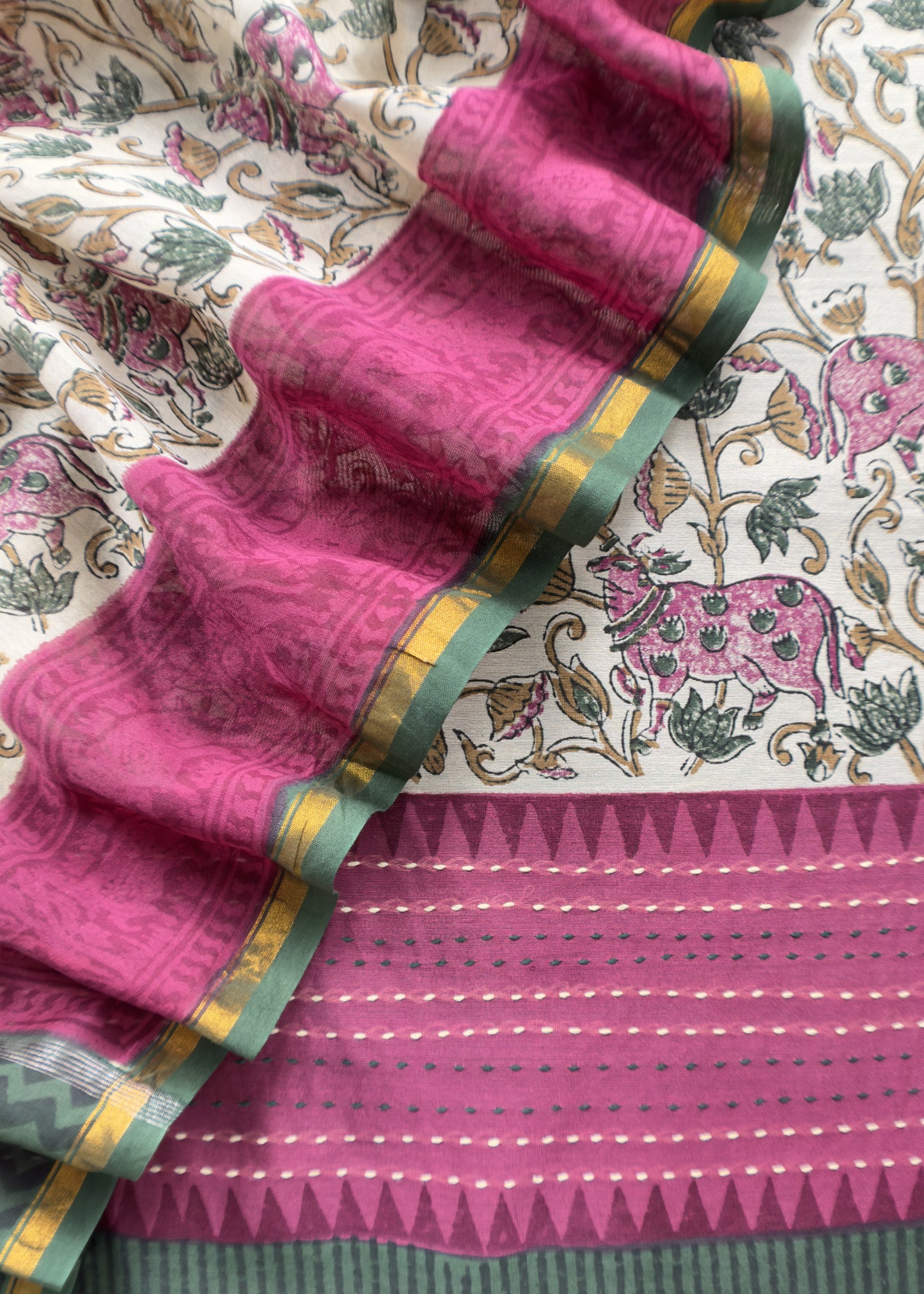 Off White With Green Handloom Maheshwari Silk Suit With Pichwai Print And Kantha Work