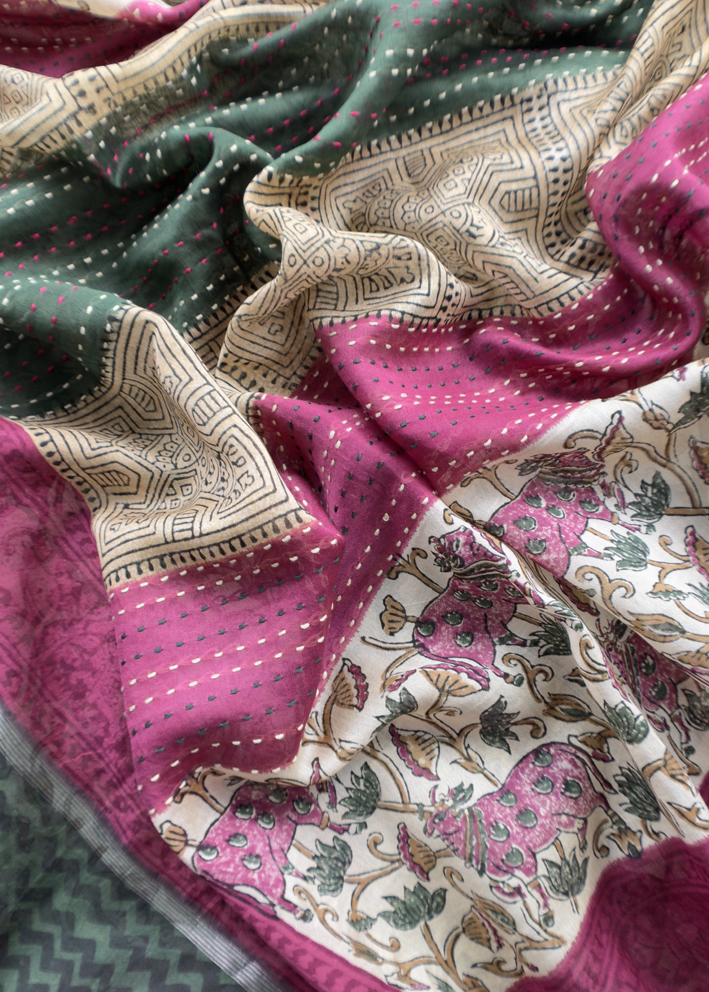 Off White With Green Handloom Maheshwari Silk Suit With Pichwai Print And Kantha Work