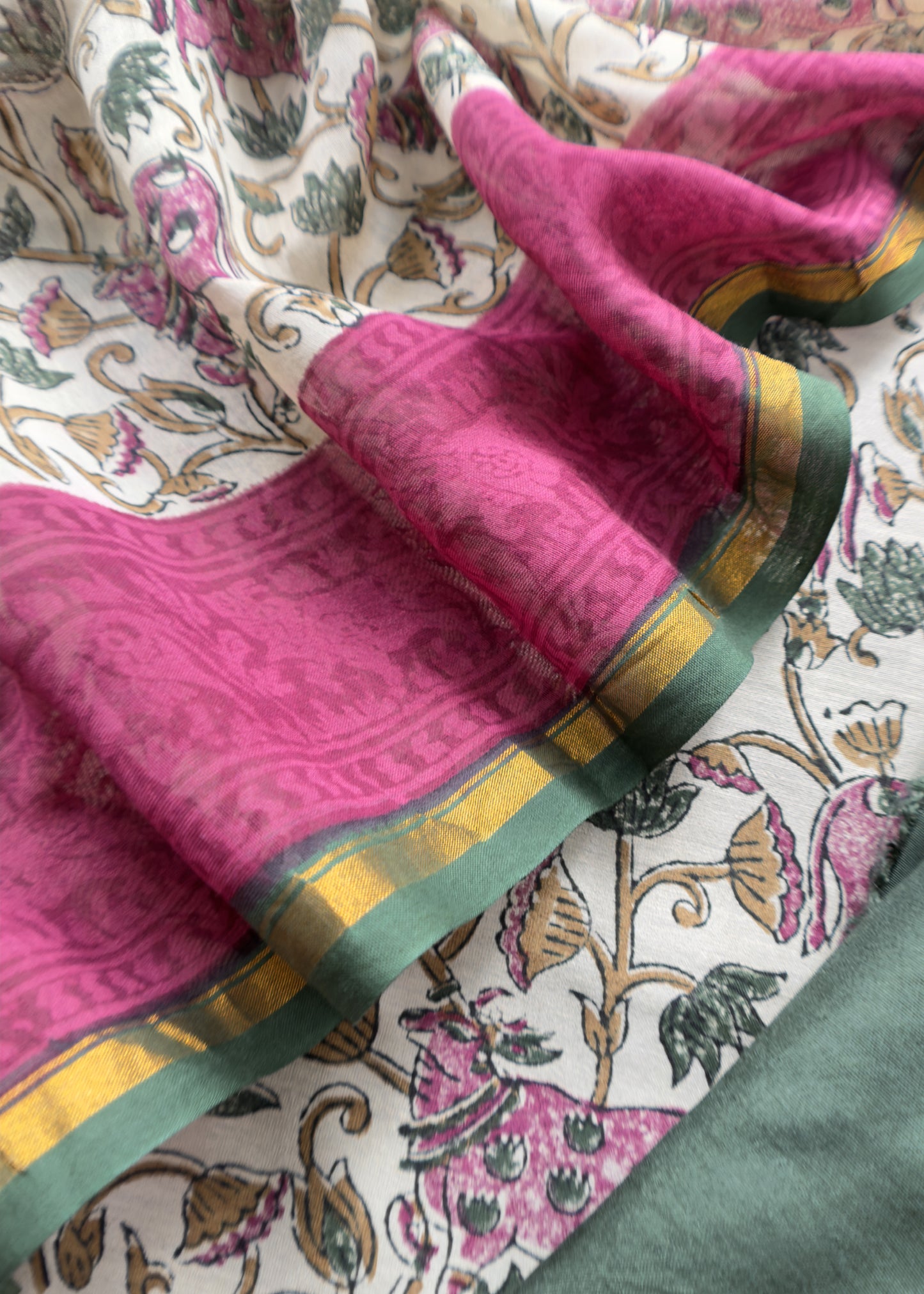 Off White With Green Handloom Maheshwari Silk Suit With Pichwai Print And Kantha Work