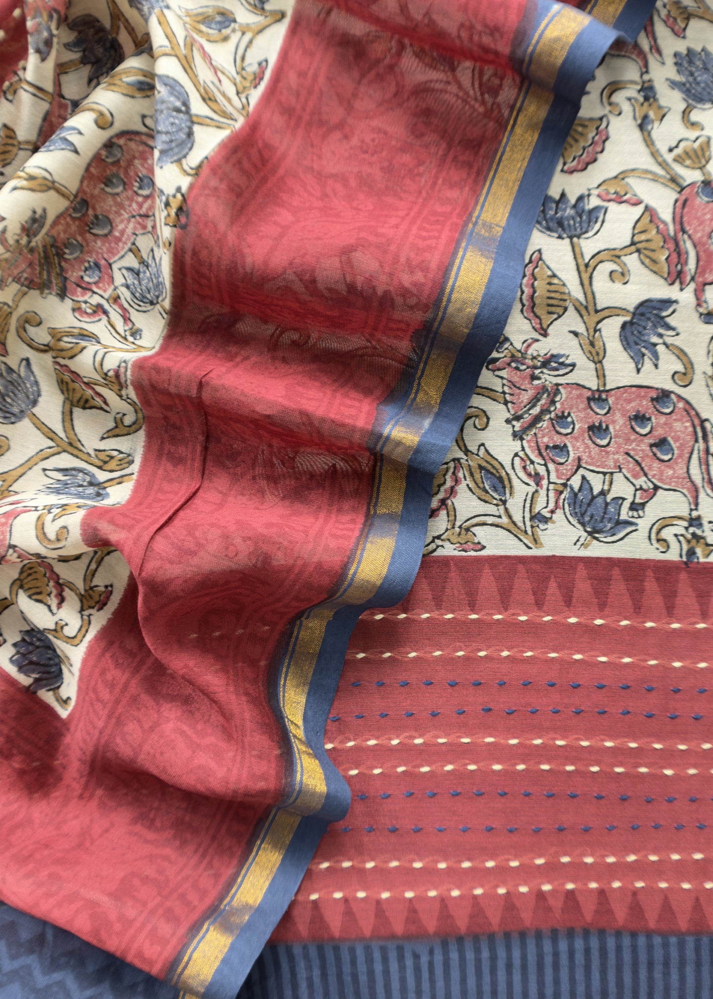 Off White With Blue Handloom Maheshwari Silk Suit With Pichwai Print And Kantha Work