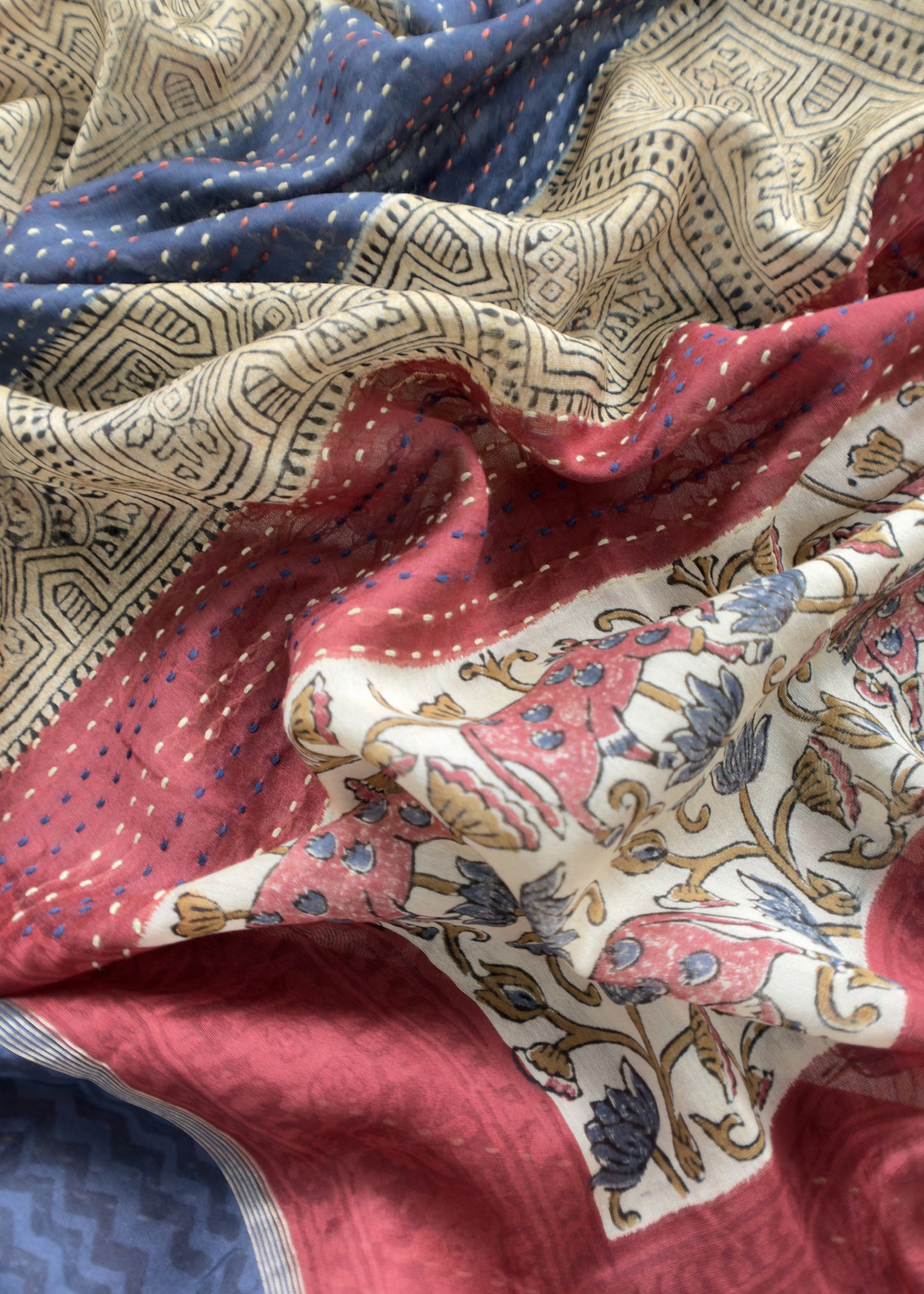 Off White With Blue Handloom Maheshwari Silk Suit With Pichwai Print And Kantha Work
