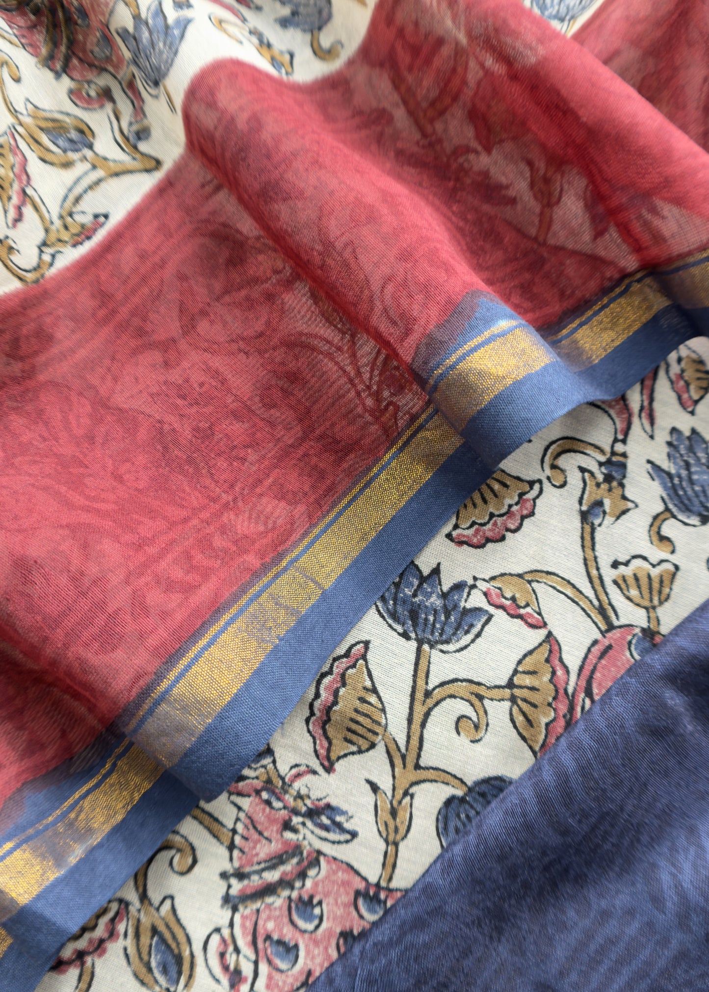 Off White With Blue Handloom Maheshwari Silk Suit With Pichwai Print And Kantha Work