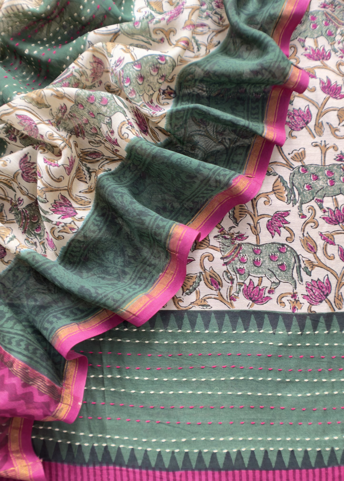 Off White With Wine Handloom Maheshwari Silk Suit With Pichwai Print And Kantha Work
