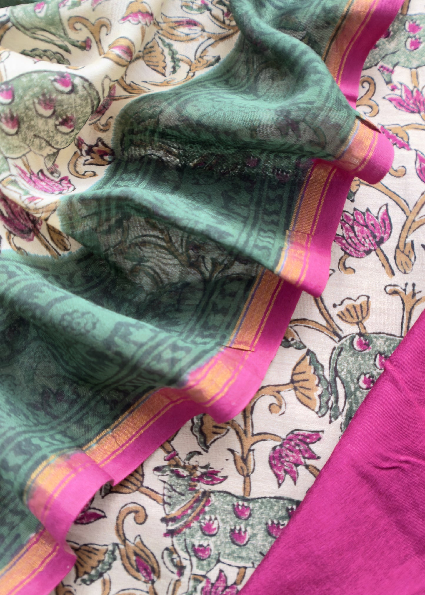 Off White With Wine Handloom Maheshwari Silk Suit With Pichwai Print And Kantha Work