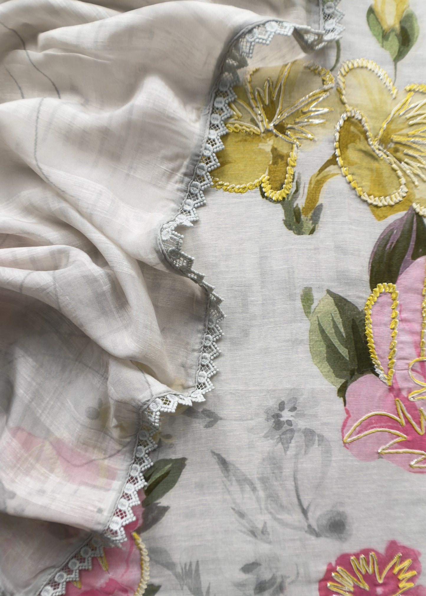 White Pure Cotton Suit With Thread Embroidered Flowers