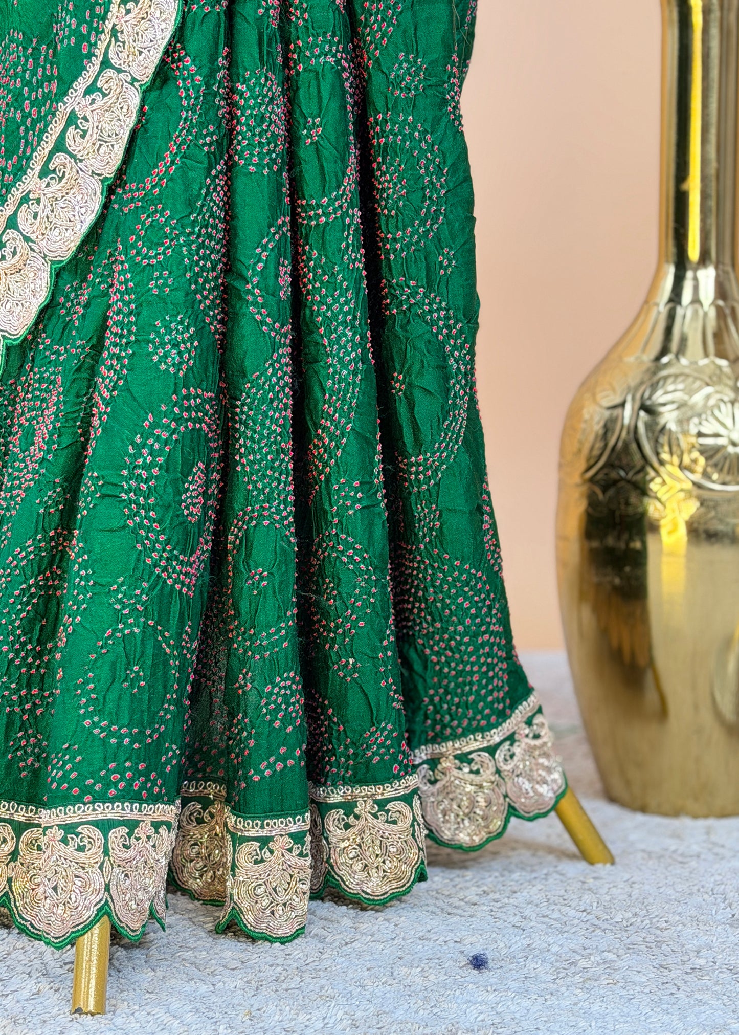 Bottle Green Pure Gajji Silk Saree With Rai Bandhani With Premium Dabka Handwork