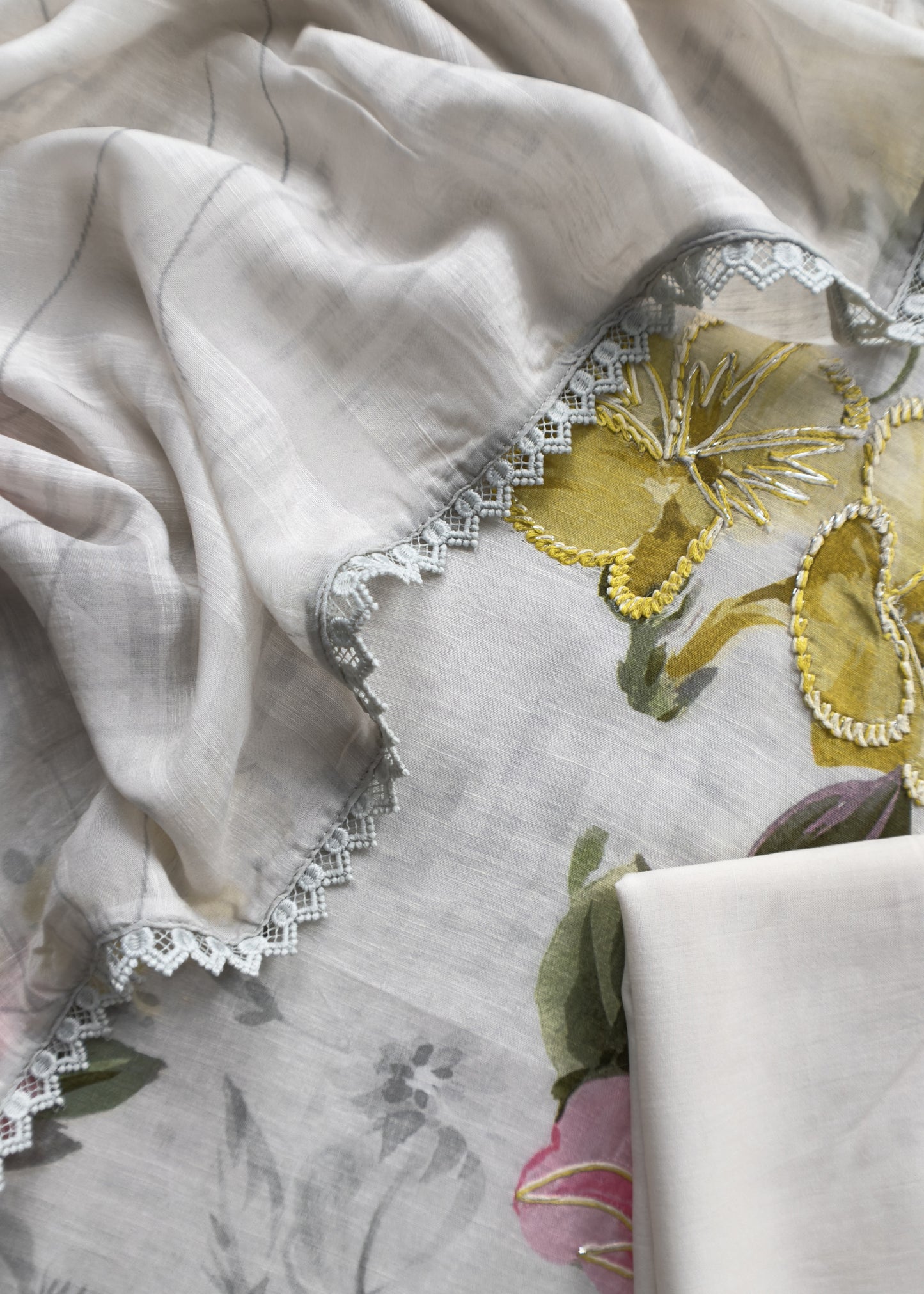 White Pure Cotton Suit With Thread Embroidered Flowers
