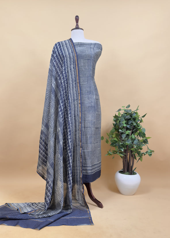 Indigo Paisley Block Print Pure Maheshwari Silk Unstitched Suit Fabric