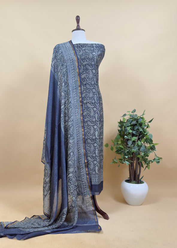 Indigo Paisley Block Print Pure Maheshwari Silk Unstitched Suit Fabric