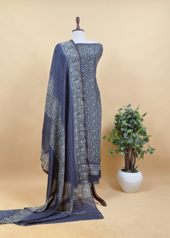 Indigo Paisley Block Print Pure Maheshwari Silk Unstitched Suit Fabric