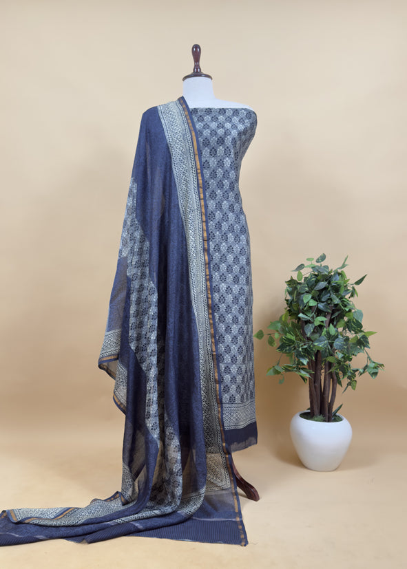 Indigo Paisley Block Print Pure Maheshwari Silk Unstitched Suit Fabric