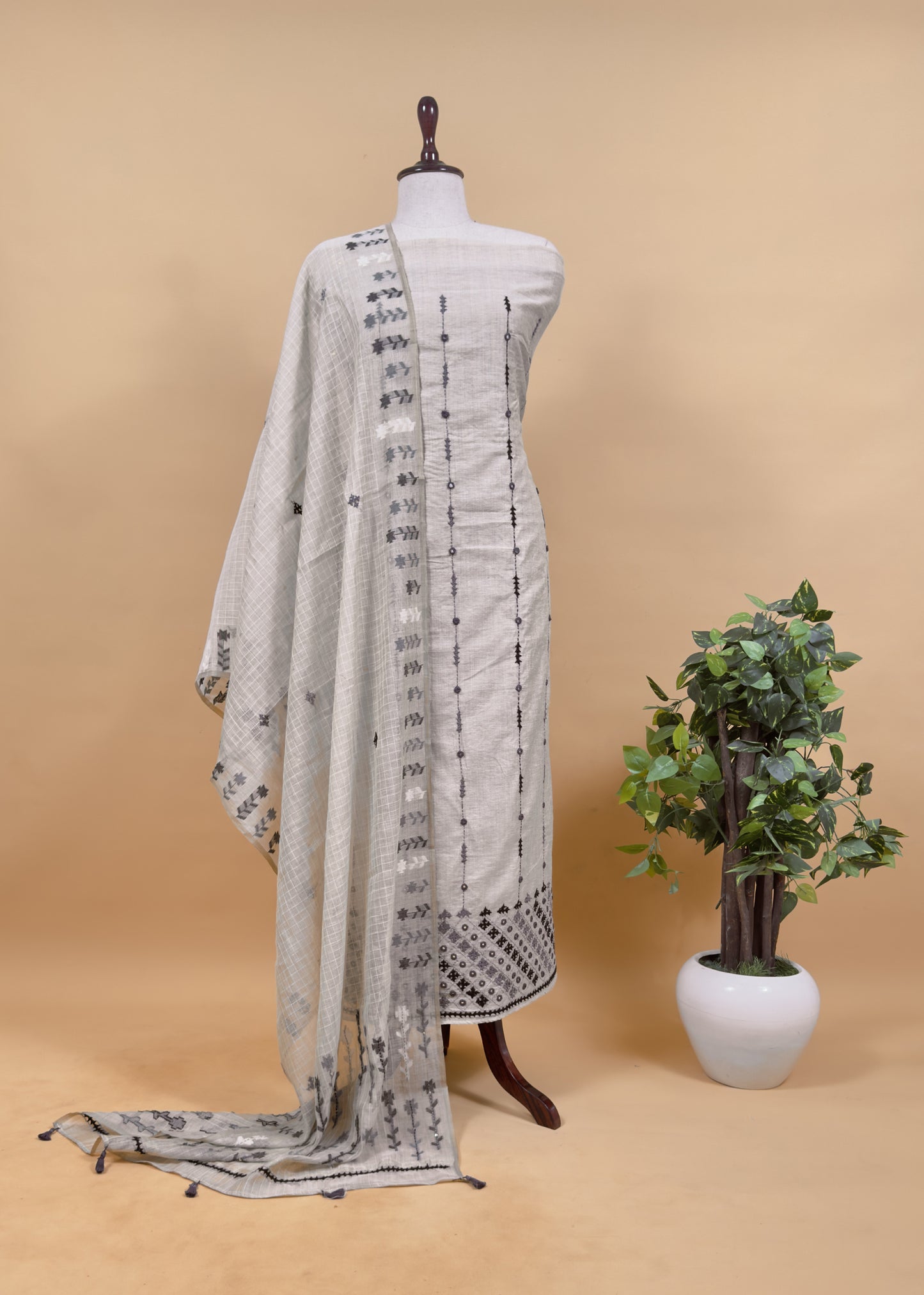 Beige With Grey, Black Kutch Embroidered Cotton Linen Unstitched Suit