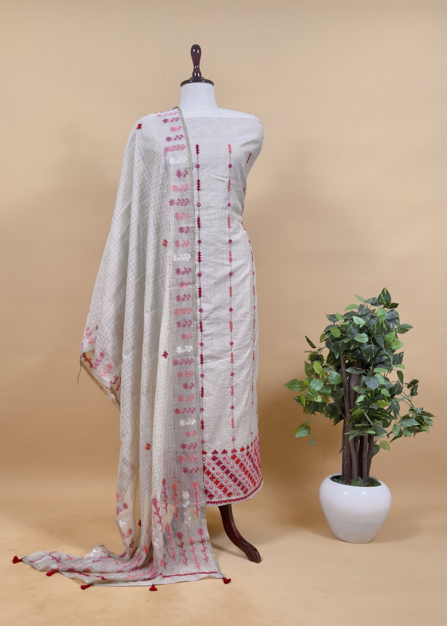Beige With Grey, Black Kutch Embroidered Cotton Linen Unstitched Suit