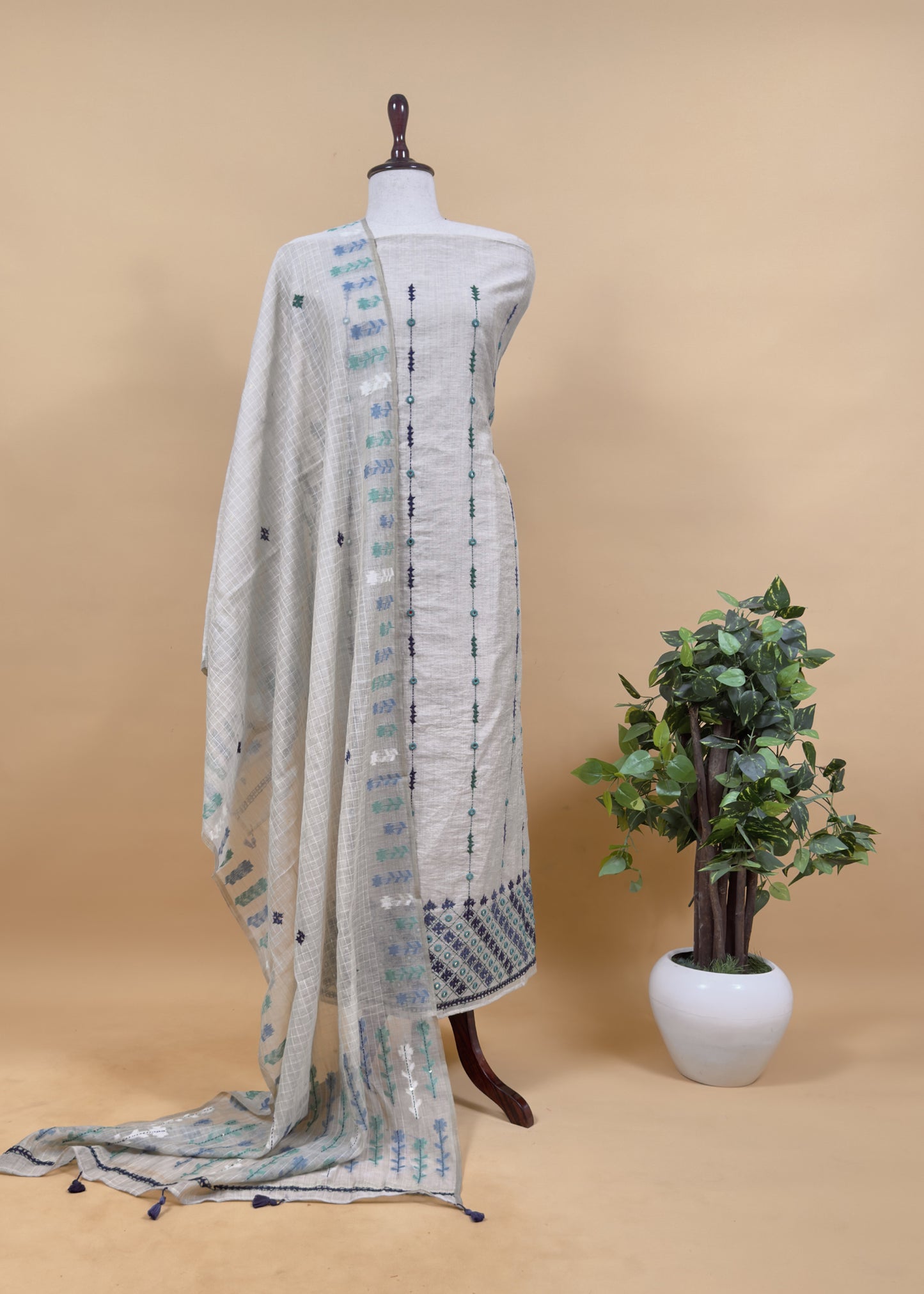 Beige With Grey, Black Kutch Embroidered Cotton Linen Unstitched Suit