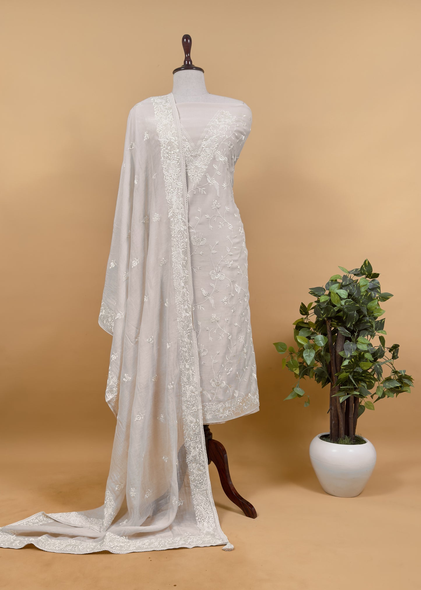 White Summer Spring Mul Chanderi Suit Set With Peacocks And Floral Resham Embroidery