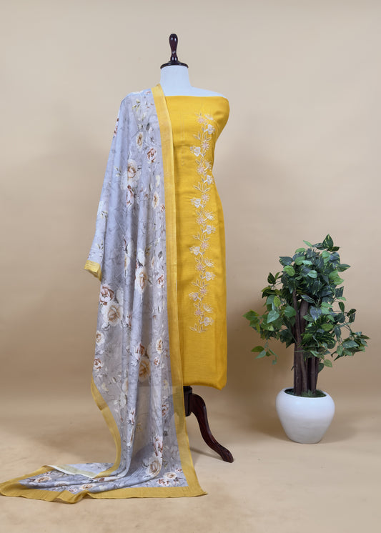 Mango Yellow Pure Mul Chanderi Suit And Floral Dupatta With Resham Embroidery
