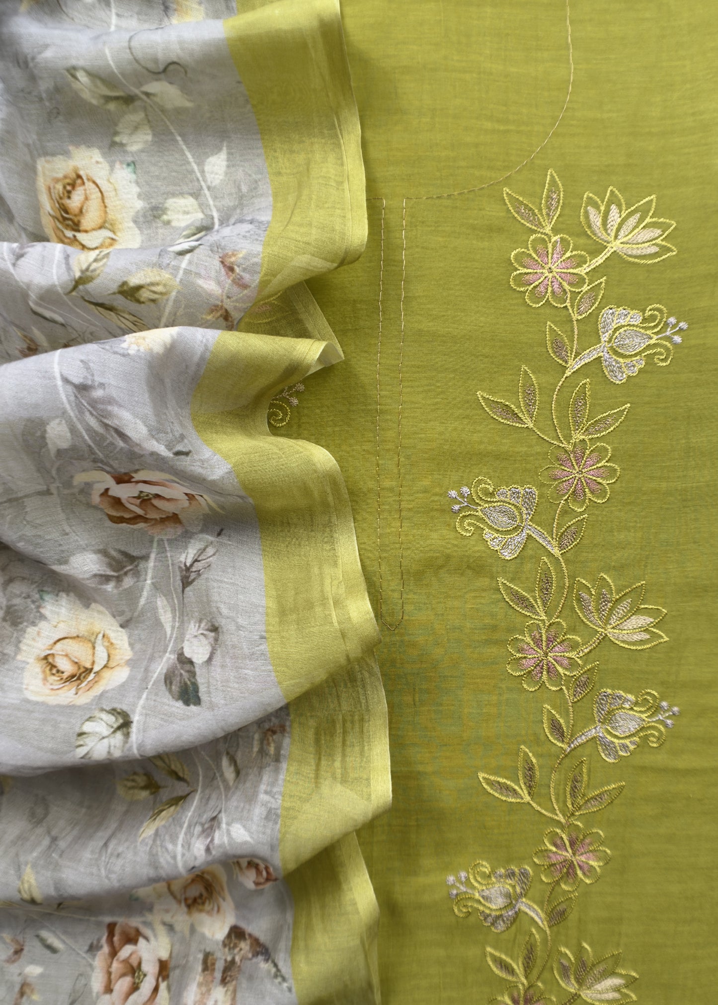 Apple Green Pure Mul Chanderi Suit And Floral Dupatta With Resham Embroidery