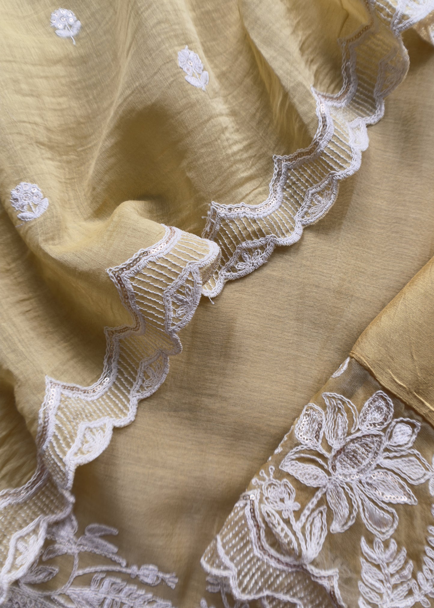 Corn Yellow Pure Mul Chanderi Suit Fabric With French Thread Embroidery