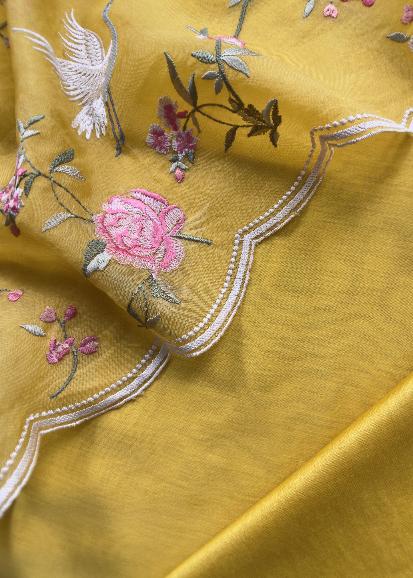 Yellow Pure Mul Chanderi Flamingo Suit With Embroidered Organza Dupatta