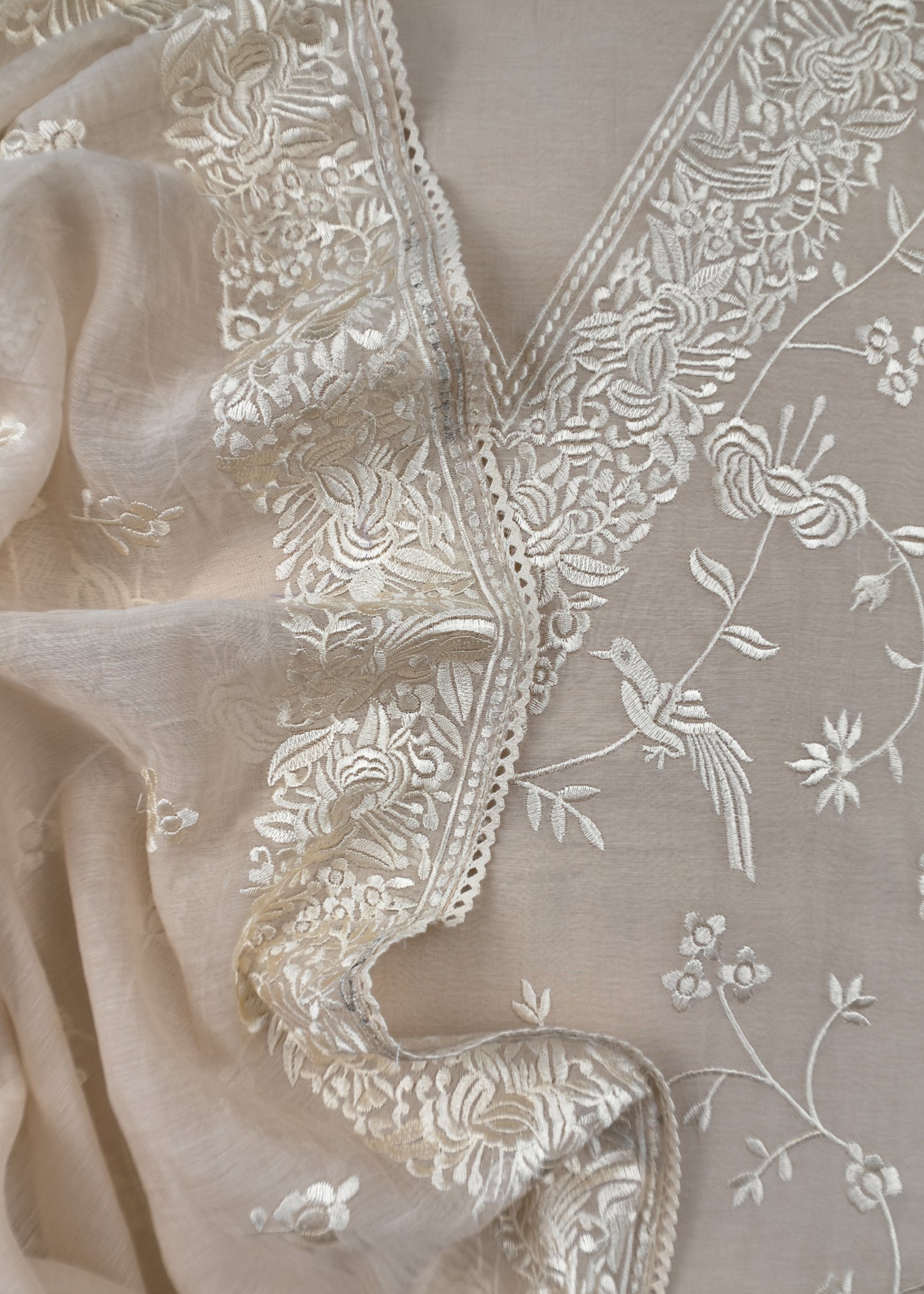 White Summer Spring Mul Chanderi Suit Set With Peacocks And Floral Resham Embroidery