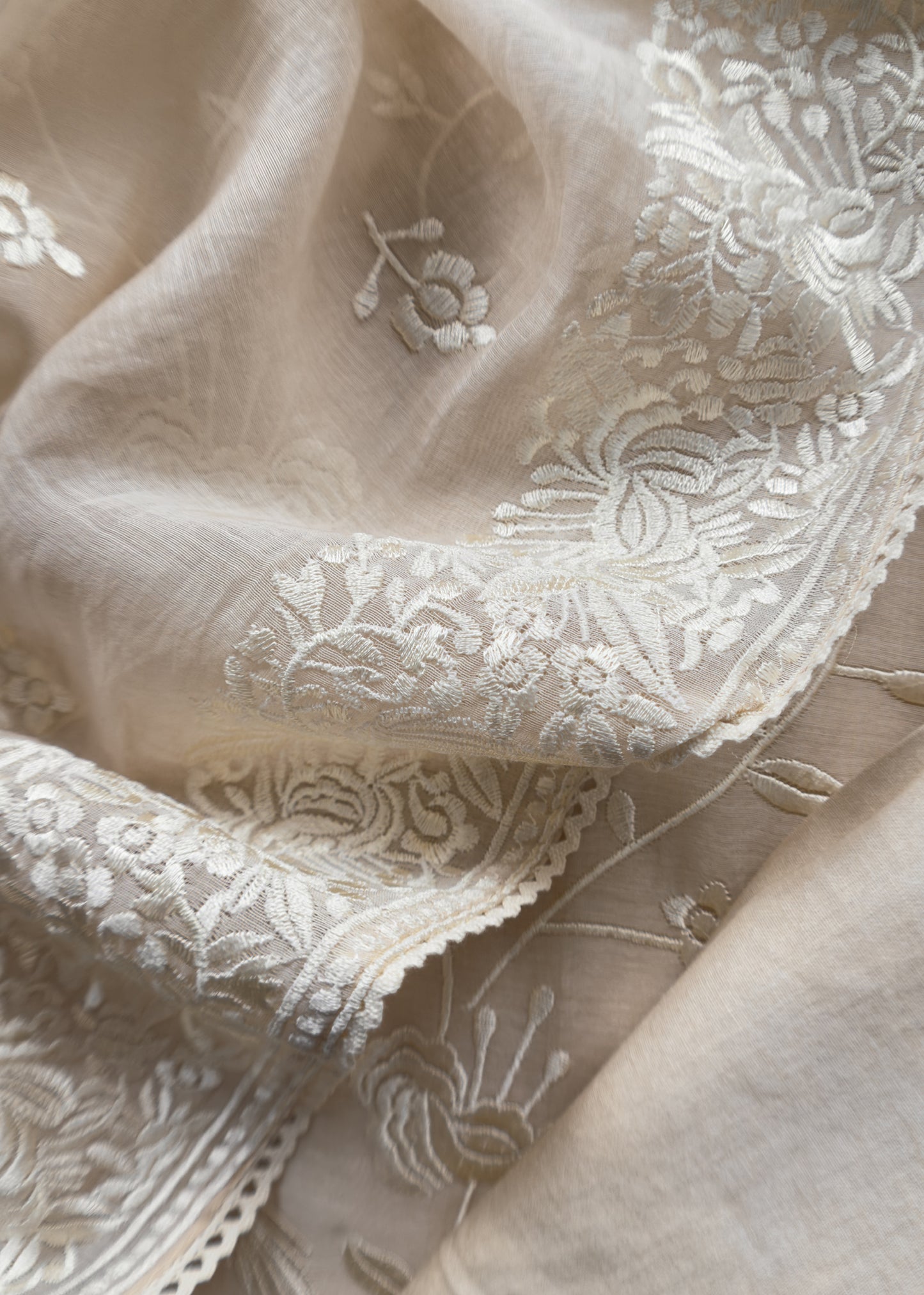 White Summer Spring Mul Chanderi Suit Set With Peacocks And Floral Resham Embroidery
