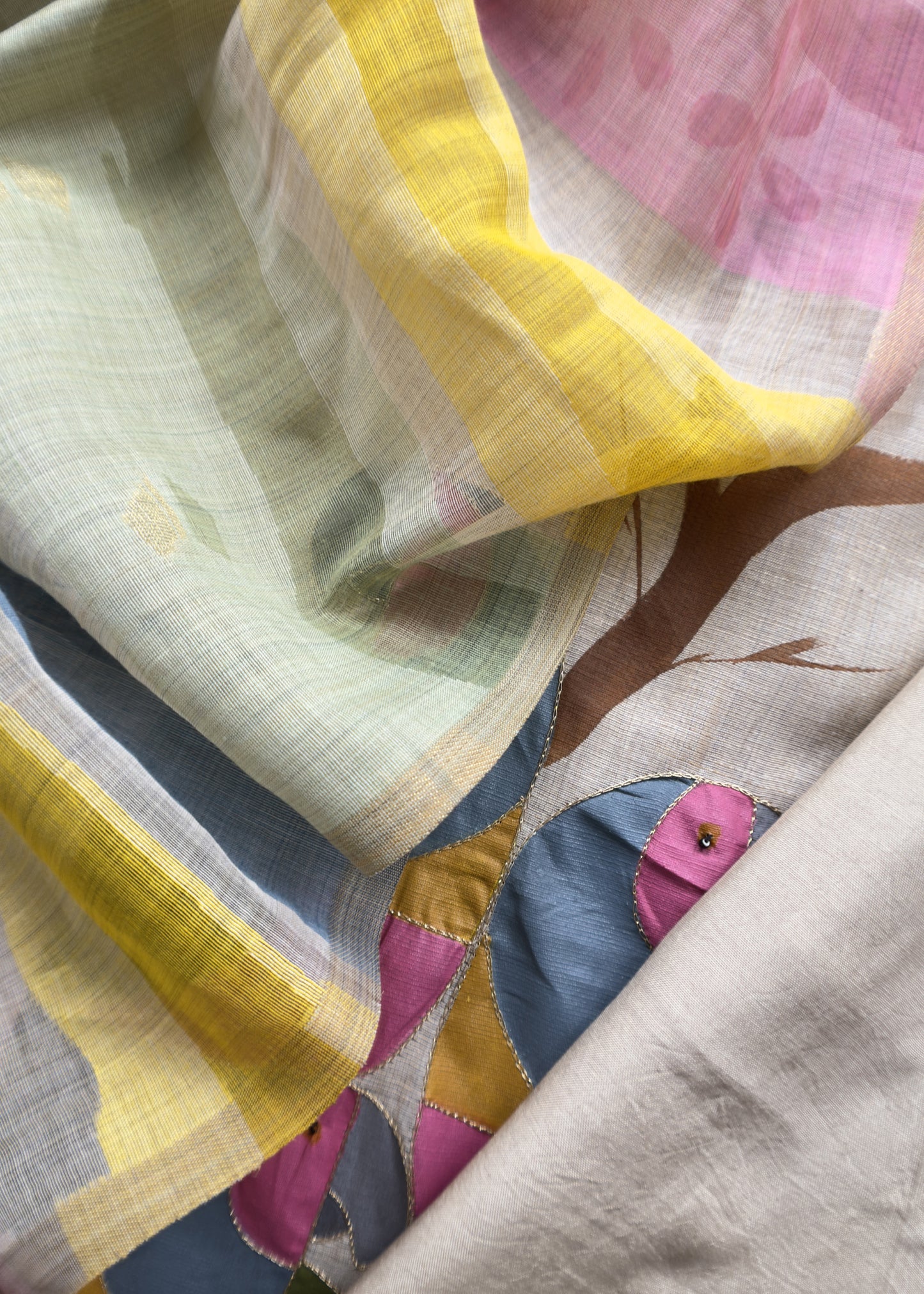 Beige Mul Chanderi Unstitched Suit With Multicolor Dupatta