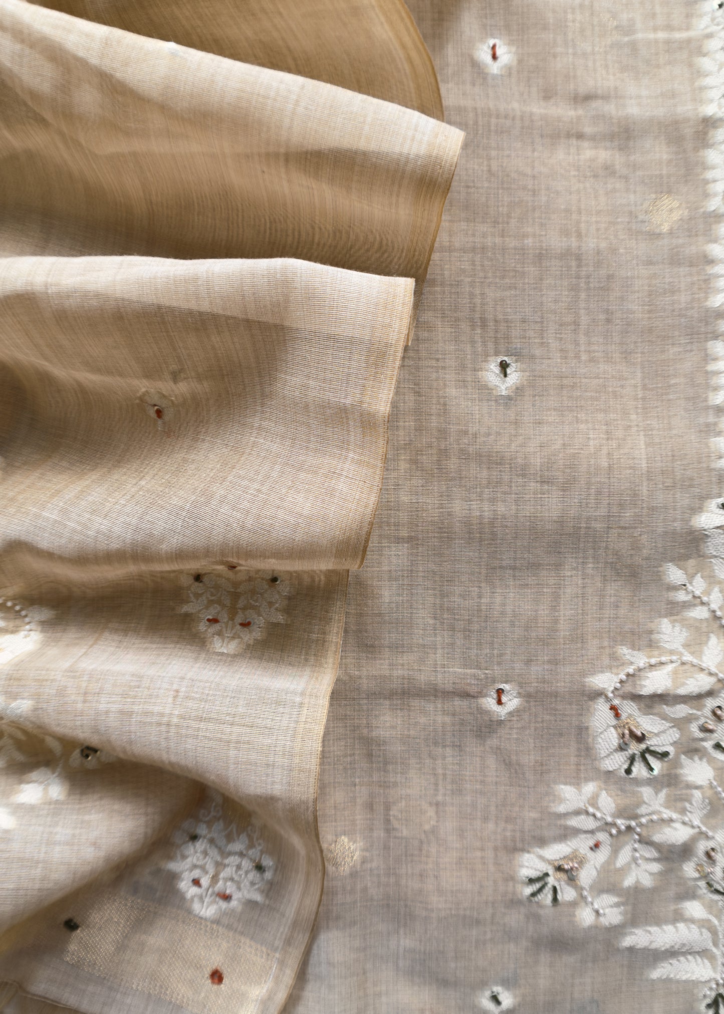 Beige And Orange Cotton Linen Unstitched Suit With Jamdani Weaving