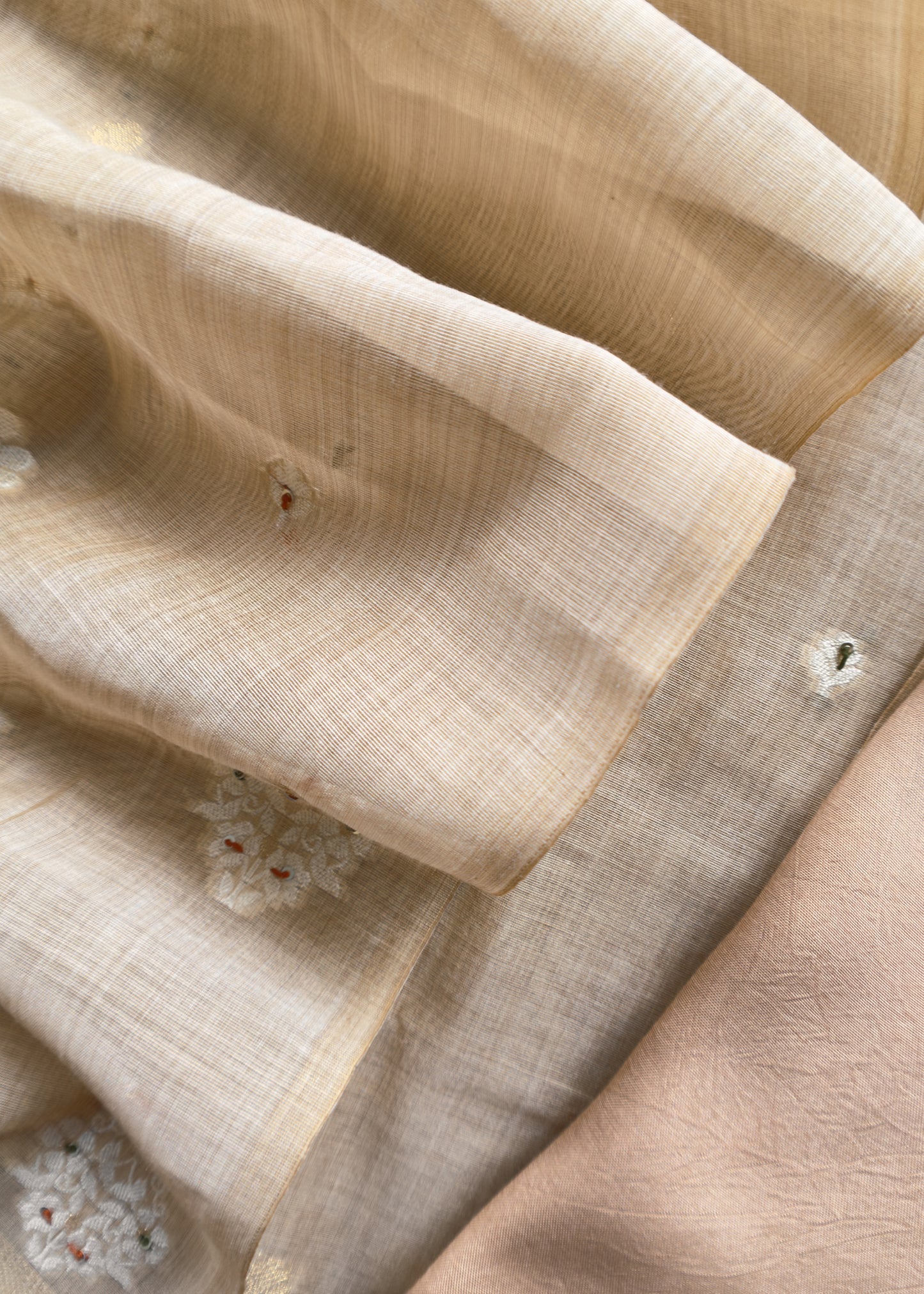 Beige And Orange Cotton Linen Unstitched Suit With Jamdani Weaving