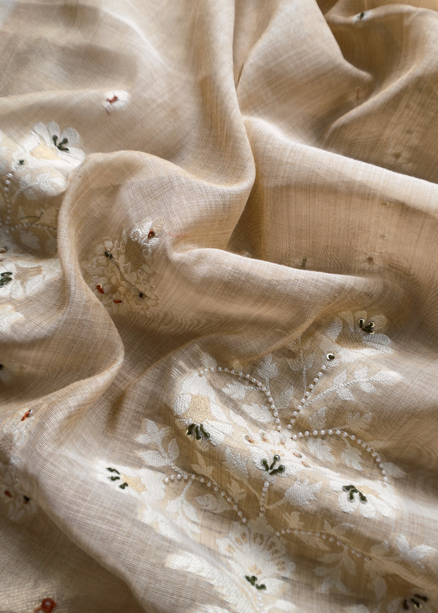 Beige And Orange Cotton Linen Unstitched Suit With Jamdani Weaving