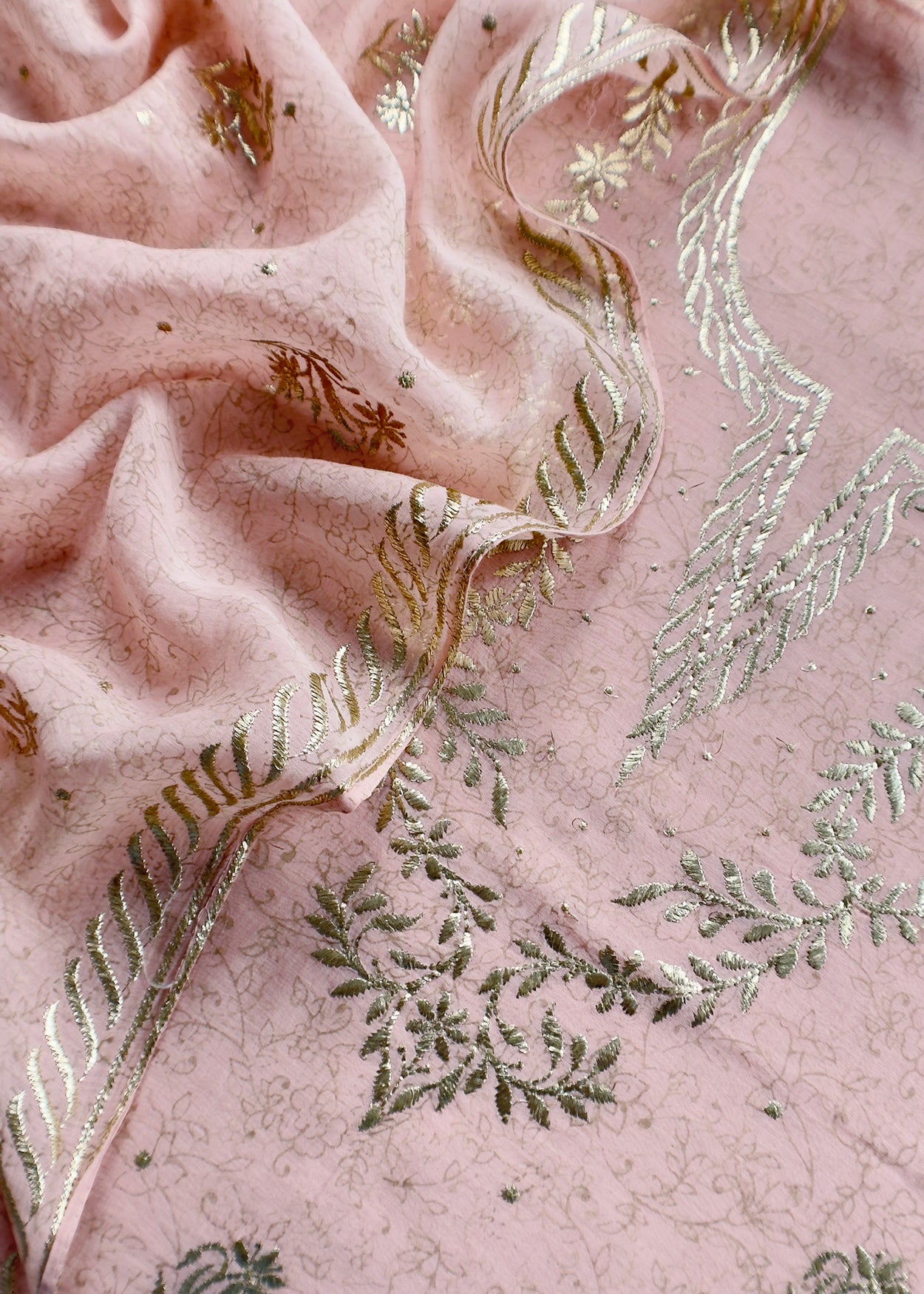 Baby Pink Handloom Hand-block Print Mul Chanderi Suit with Gold Pitta Hand Work