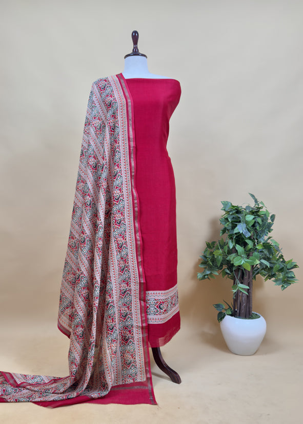 Red Pure Maheshwari Unstitched Suits With Patola Dupatta