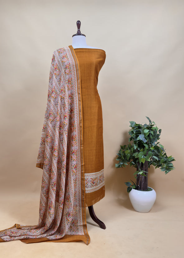 Mustard Pure Maheshwari Unstitched Suits With Patola Dupatta