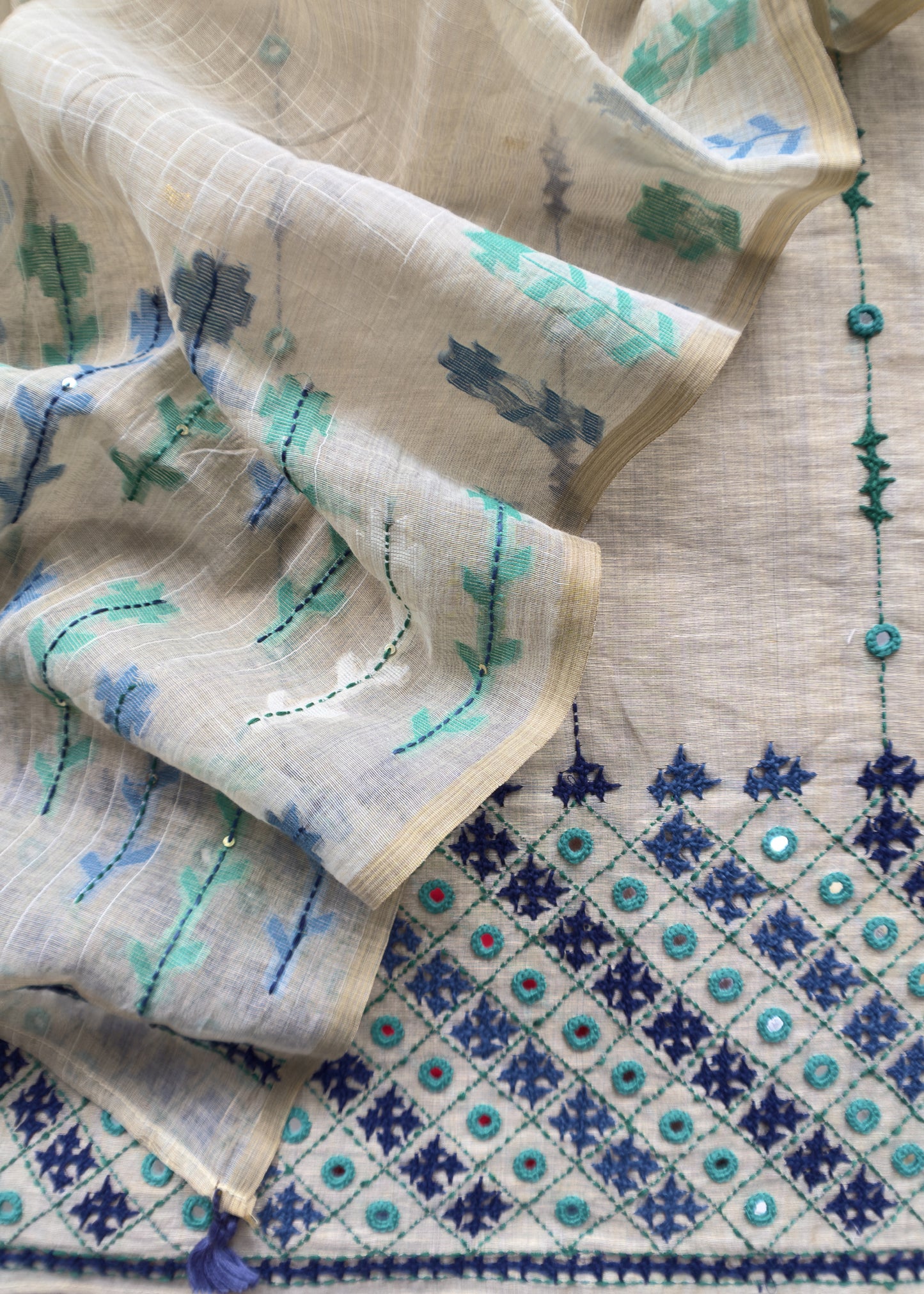Beige With Firozi, Blue Kutch Embroidered Cotton Linen Unstitched Suit
