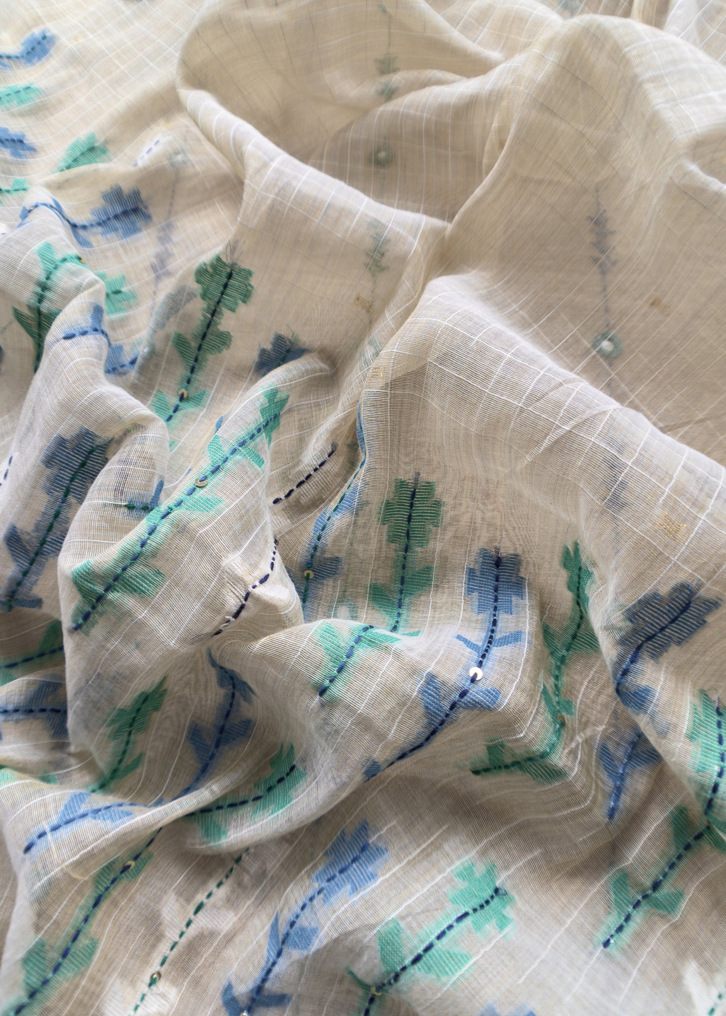 Beige With Firozi, Blue Kutch Embroidered Cotton Linen Unstitched Suit