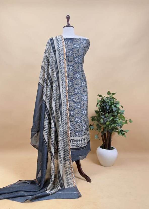 Pure Maheshwari Silk Suit Fabric With Patola And Ikkat Print