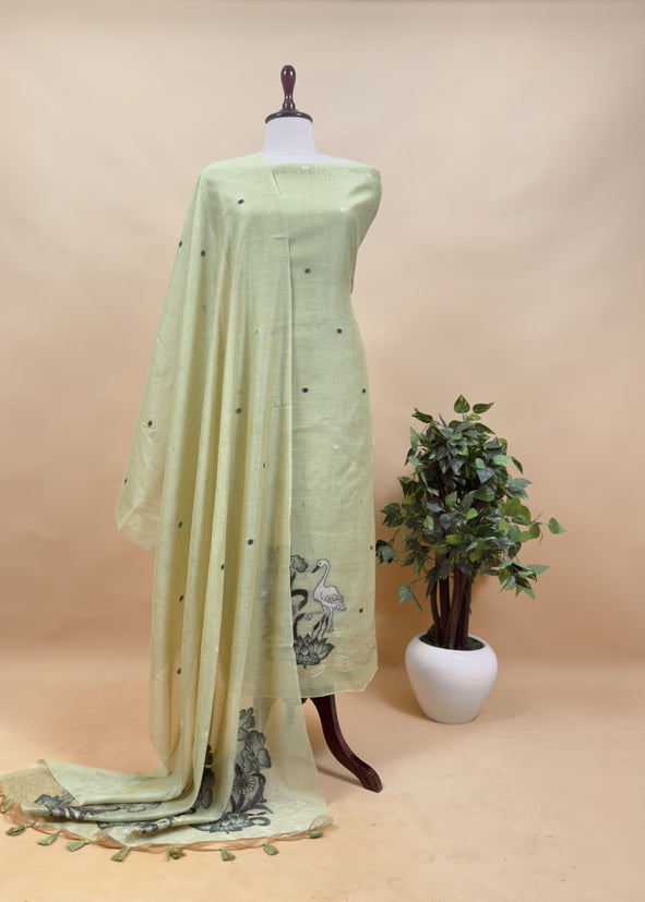 Beige Linen Chanderi Unstitched Suit With jamdani Weaving