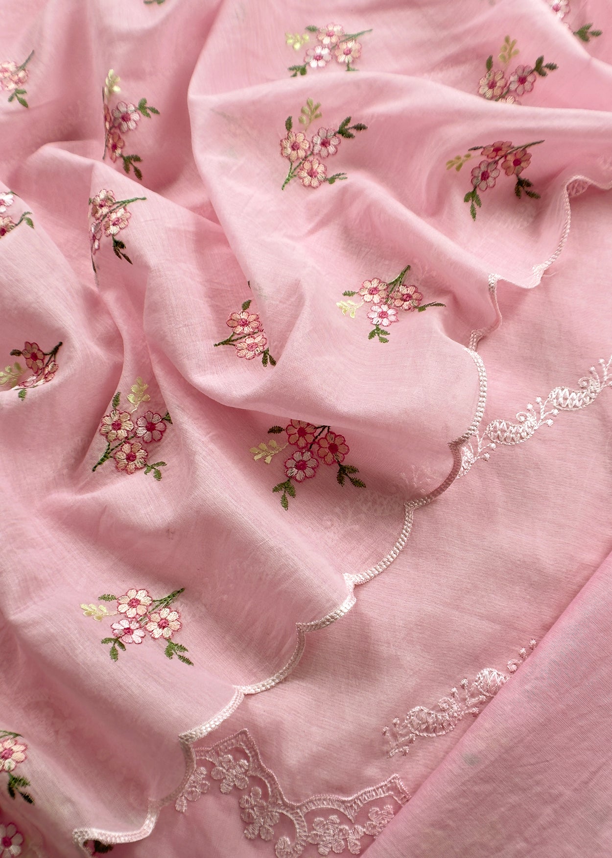 Baby Pink Pure Mulmul Suit Fabric With Floral Resham Embroidery