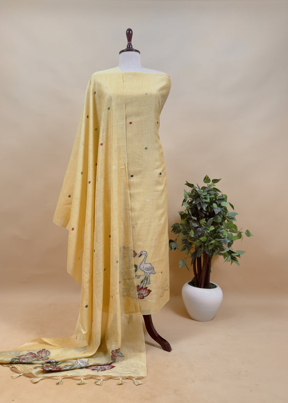 Beige Linen Chanderi Unstitched Suit With jamdani Weaving