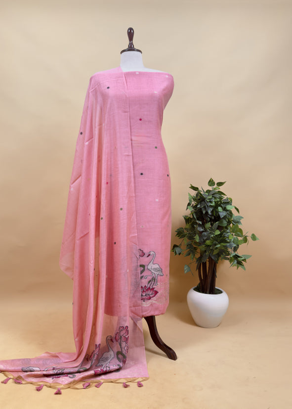 Beige Linen Chanderi Unstitched Suit With jamdani Weaving