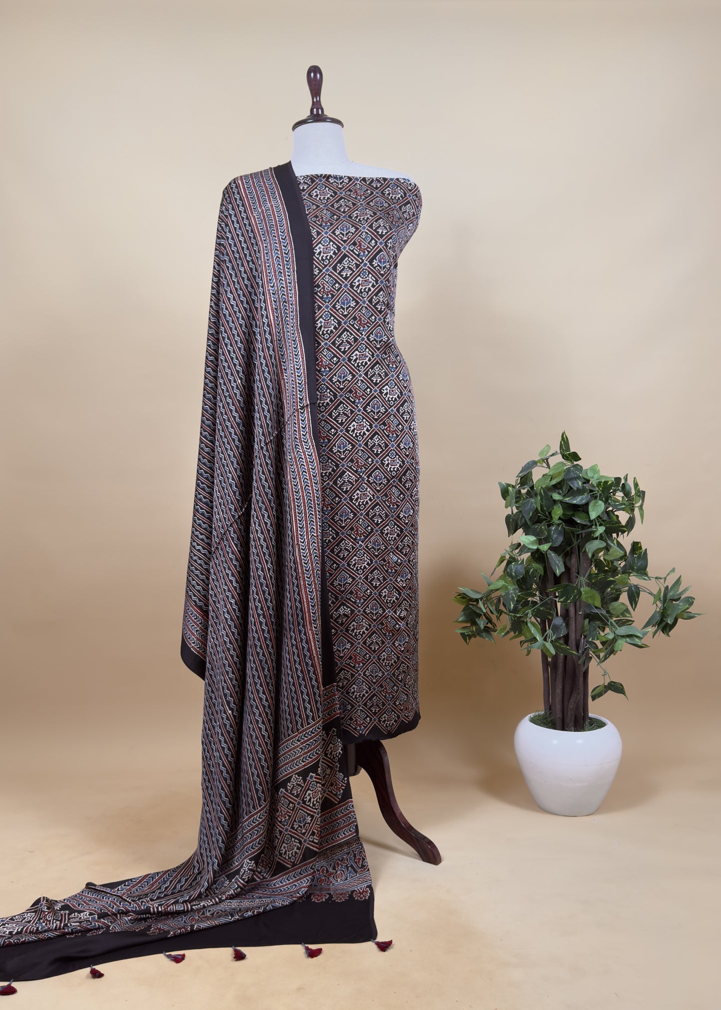 Green Ajrakh Hand Block Unstitched Suit In Pure Modal