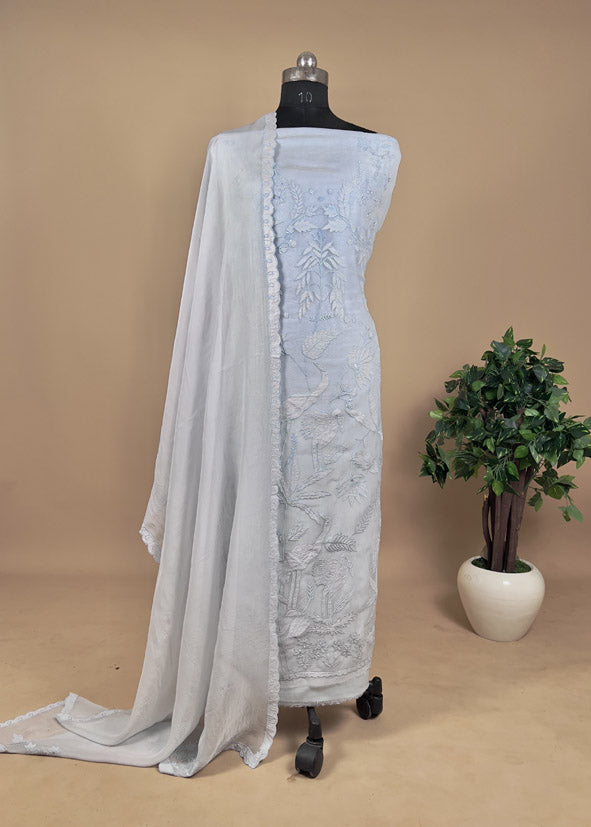 Pastel Blue Organza Silk Suit Flamingo Applique Work