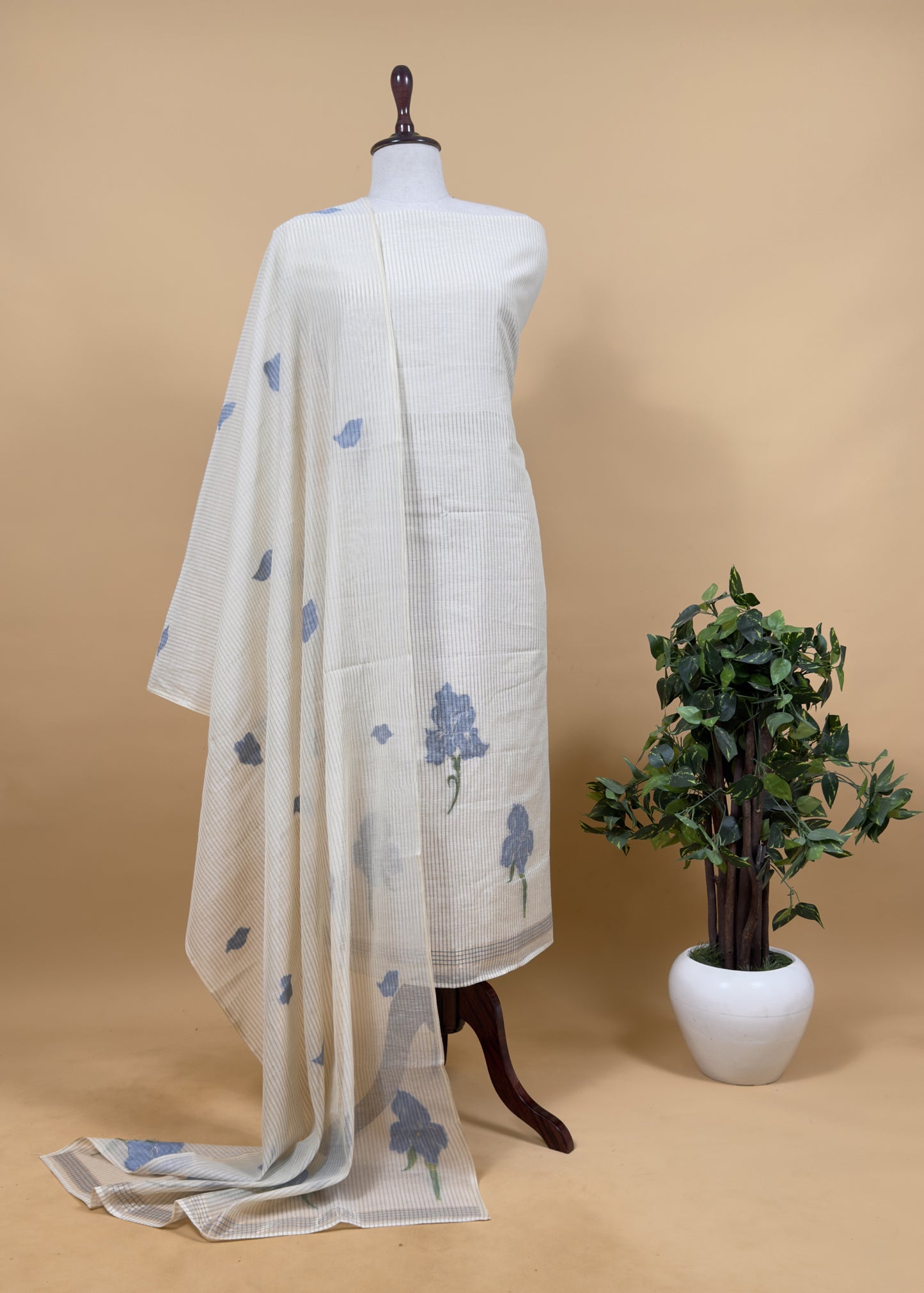 Beige With Orange Pure Cotton Linen Hand block Print Suit Fabric With Jamdani Weaving
